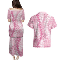 Pink Puakenikeni and Maile Lei Couples Matching Puletasi and Hawaiian Shirt Hawaiian Style Tribal Tapa Double Strand Lei