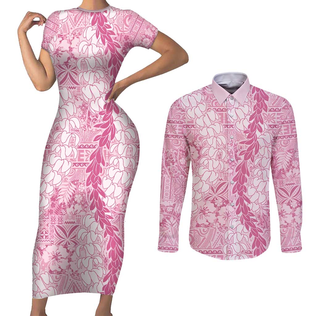 Pink Puakenikeni and Maile Lei Couples Matching Short Sleeve Bodycon Dress and Long Sleeve Button Shirt Hawaiian Style Tribal Tapa Double Strand Lei