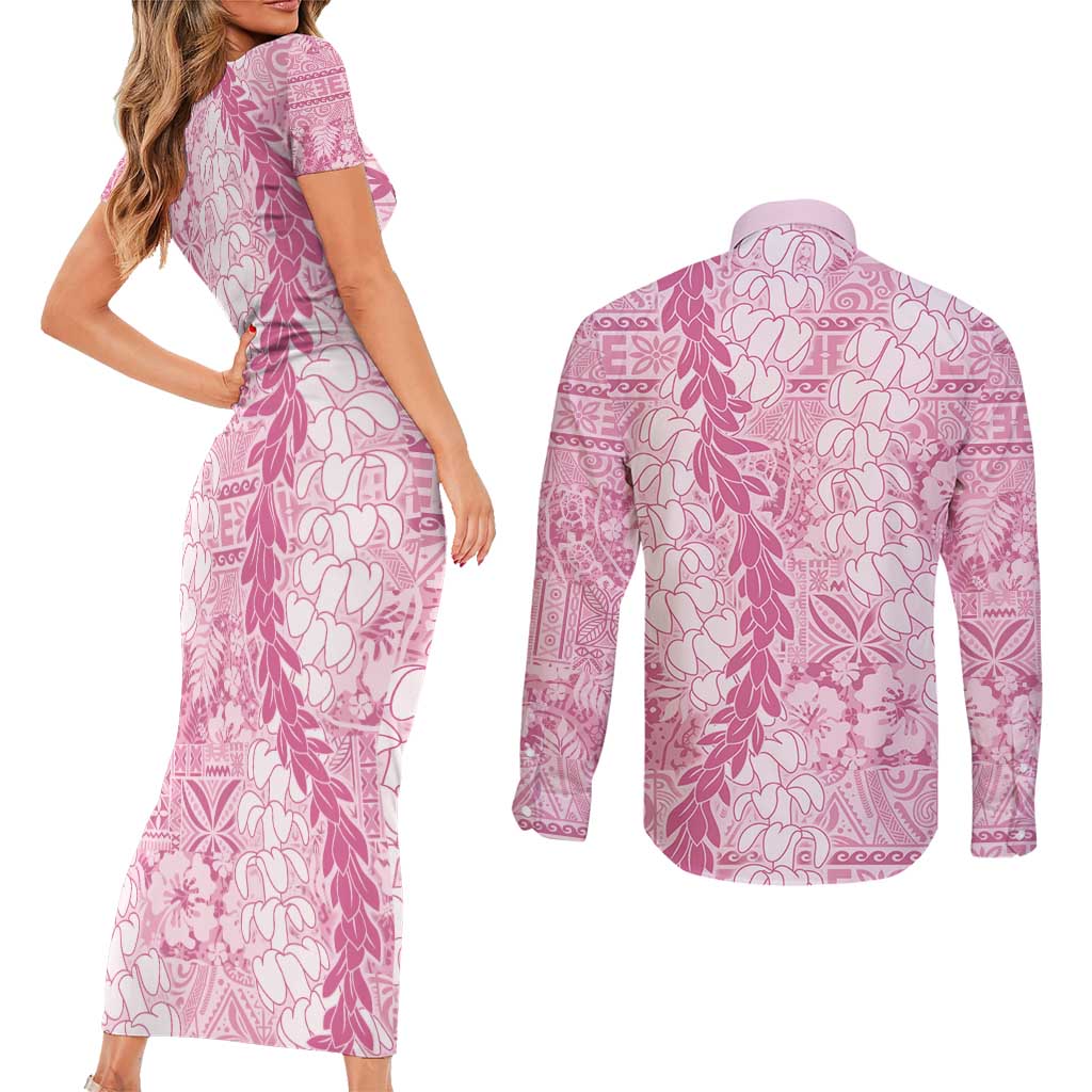 Pink Puakenikeni and Maile Lei Couples Matching Short Sleeve Bodycon Dress and Long Sleeve Button Shirt Hawaiian Style Tribal Tapa Double Strand Lei