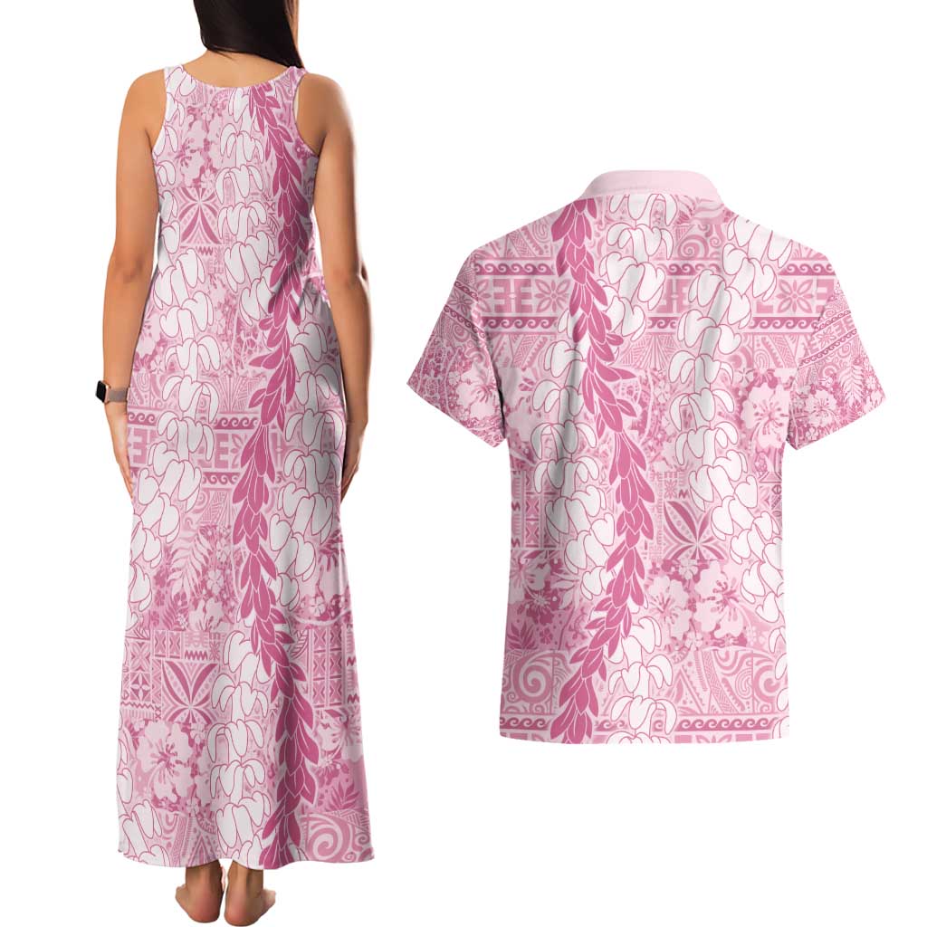 Pink Puakenikeni and Maile Lei Couples Matching Tank Maxi Dress and Hawaiian Shirt Hawaiian Style Tribal Tapa Double Strand Lei