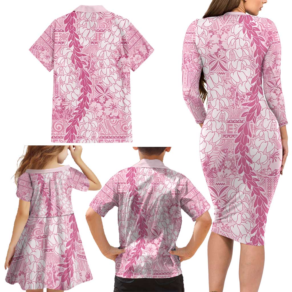 Pink Puakenikeni and Maile Lei Family Matching Long Sleeve Bodycon Dress and Hawaiian Shirt Hawaiian Style Tribal Tapa Double Strand Lei