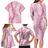 Pink Puakenikeni and Maile Lei Family Matching Long Sleeve Bodycon Dress and Hawaiian Shirt Hawaiian Style Tribal Tapa Double Strand Lei