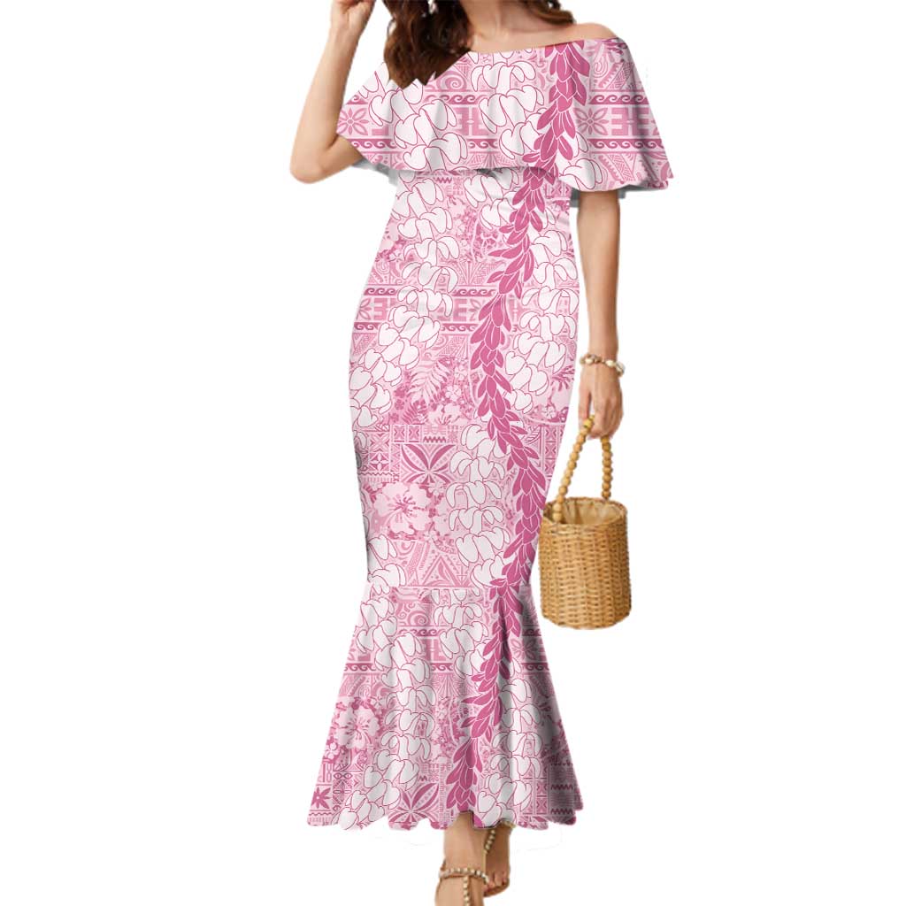 Pink Puakenikeni and Maile Lei Family Matching Mermaid Dress and Hawaiian Shirt Hawaiian Style Tribal Tapa Double Strand Lei