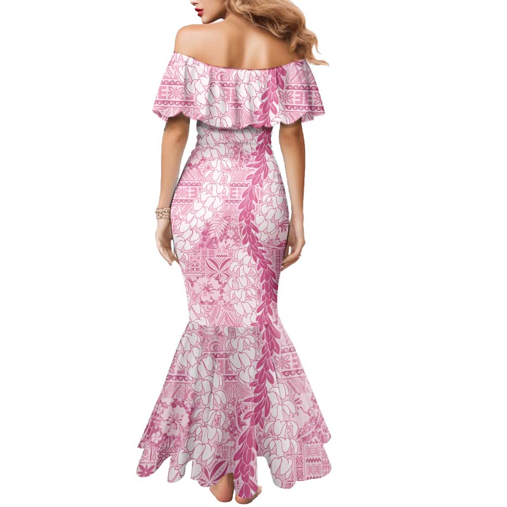 Pink Puakenikeni and Maile Lei Family Matching Mermaid Dress and Hawaiian Shirt Hawaiian Style Tribal Tapa Double Strand Lei