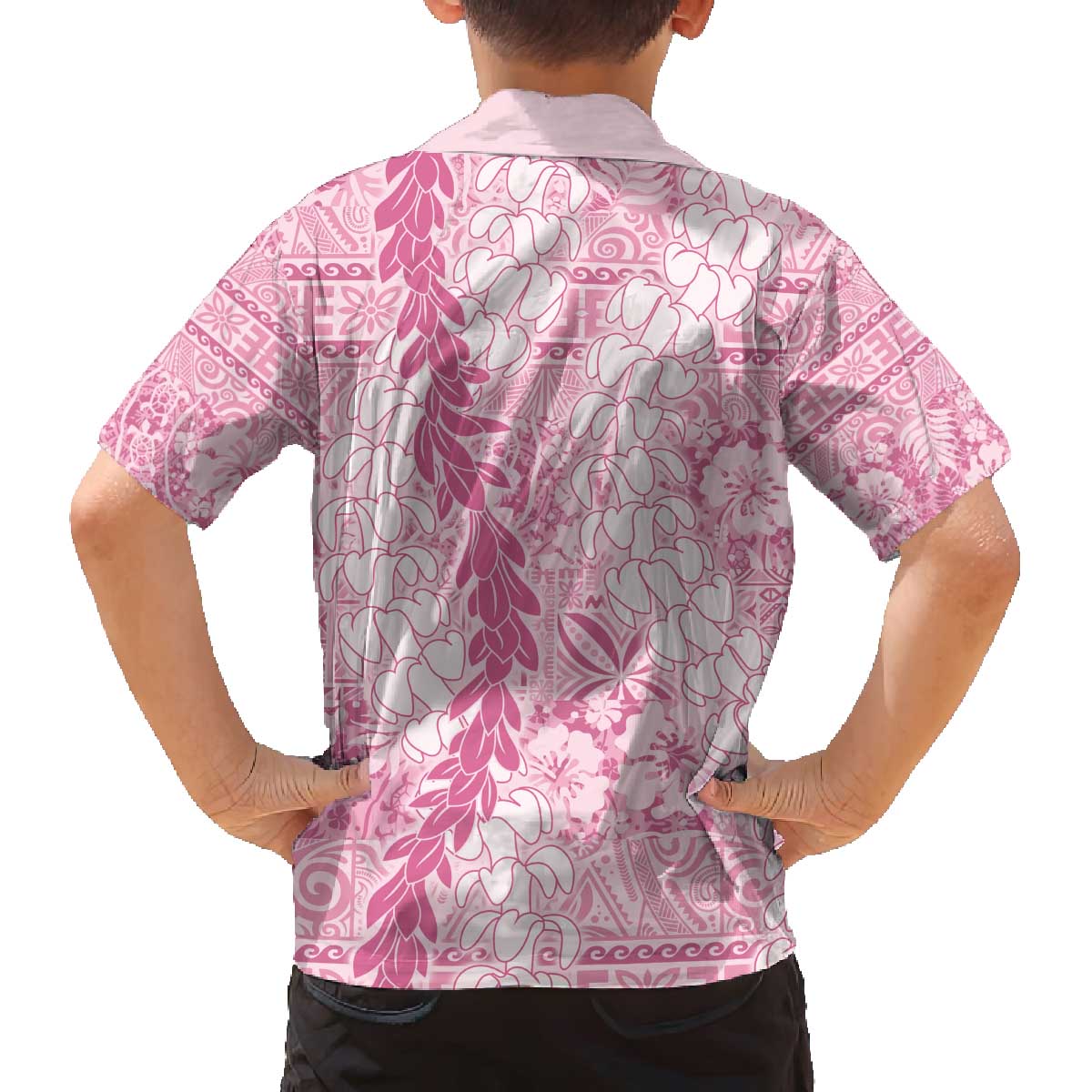 Pink Puakenikeni and Maile Lei Family Matching Off The Shoulder Long Sleeve Dress and Hawaiian Shirt Hawaiian Style Tribal Tapa Double Strand Lei