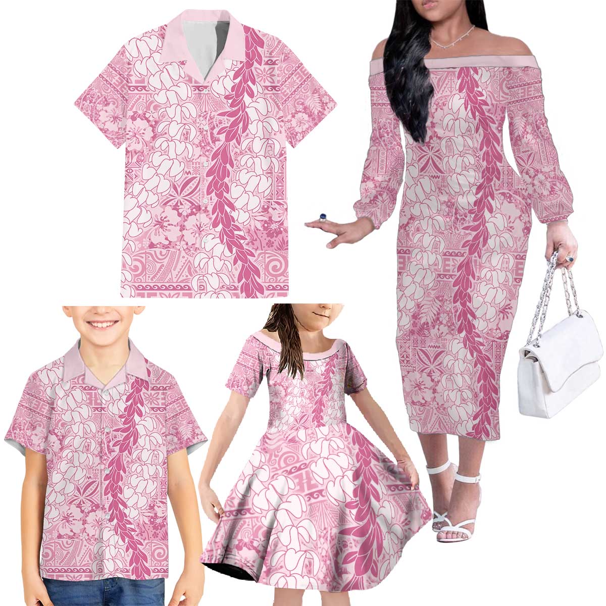 Pink Puakenikeni and Maile Lei Family Matching Off The Shoulder Long Sleeve Dress and Hawaiian Shirt Hawaiian Style Tribal Tapa Double Strand Lei
