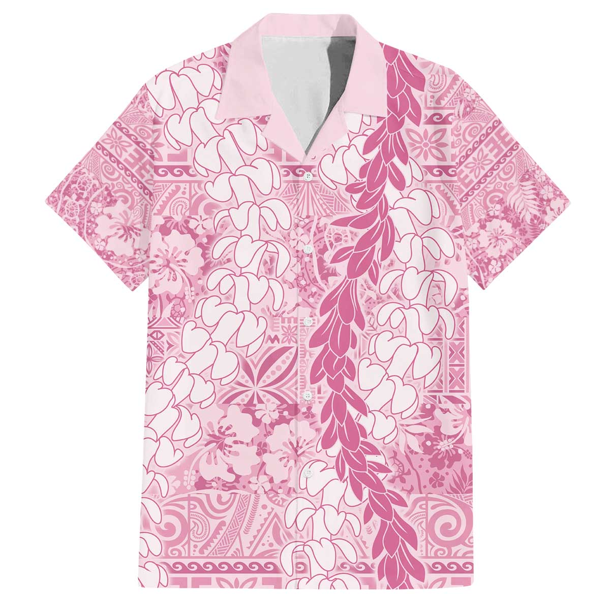 Pink Puakenikeni and Maile Lei Family Matching Off The Shoulder Long Sleeve Dress and Hawaiian Shirt Hawaiian Style Tribal Tapa Double Strand Lei