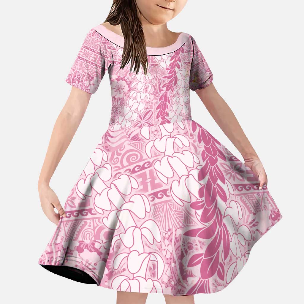 Pink Puakenikeni and Maile Lei Family Matching Off Shoulder Maxi Dress and Hawaiian Shirt Hawaiian Style Tribal Tapa Double Strand Lei