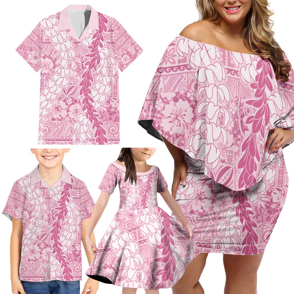 Pink Puakenikeni and Maile Lei Family Matching Off Shoulder Short Dress and Hawaiian Shirt Hawaiian Style Tribal Tapa Double Strand Lei