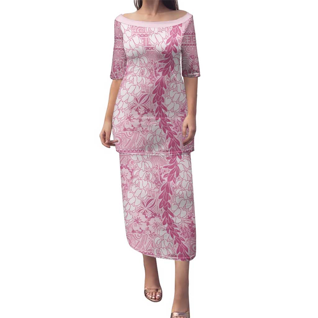 Pink Puakenikeni and Maile Lei Family Matching Puletasi and Hawaiian Shirt Hawaiian Style Tribal Tapa Double Strand Lei