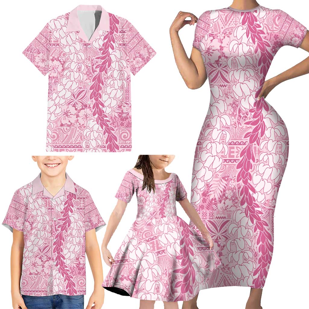 Pink Puakenikeni and Maile Lei Family Matching Short Sleeve Bodycon Dress and Hawaiian Shirt Hawaiian Style Tribal Tapa Double Strand Lei