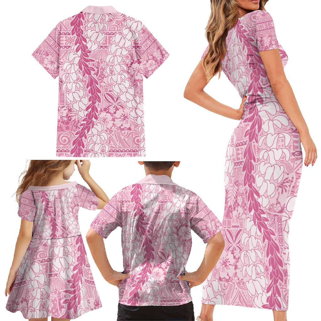 Pink Puakenikeni and Maile Lei Family Matching Short Sleeve Bodycon Dress and Hawaiian Shirt Hawaiian Style Tribal Tapa Double Strand Lei