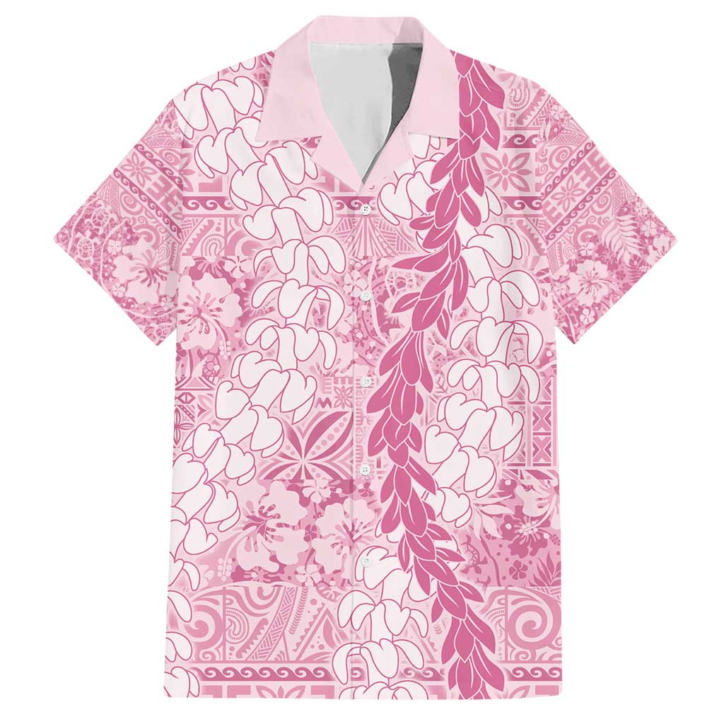 Pink Puakenikeni and Maile Lei Family Matching Short Sleeve Bodycon Dress and Hawaiian Shirt Hawaiian Style Tribal Tapa Double Strand Lei