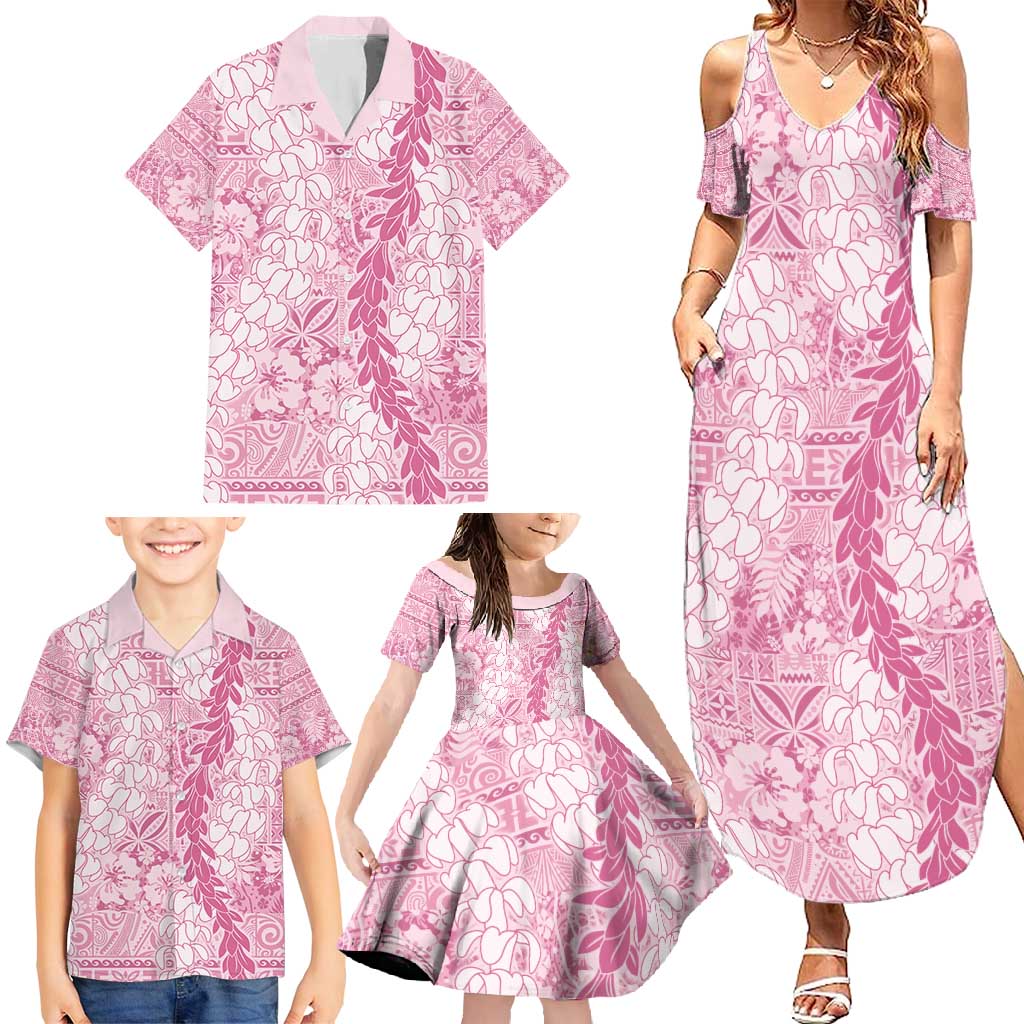 Pink Puakenikeni and Maile Lei Family Matching Summer Maxi Dress and Hawaiian Shirt Hawaiian Style Tribal Tapa Double Strand Lei