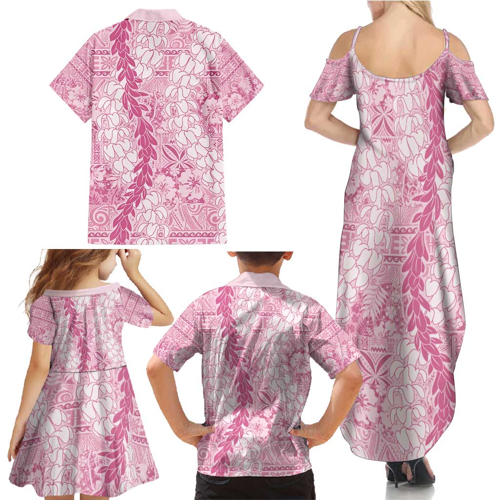 Pink Puakenikeni and Maile Lei Family Matching Summer Maxi Dress and Hawaiian Shirt Hawaiian Style Tribal Tapa Double Strand Lei