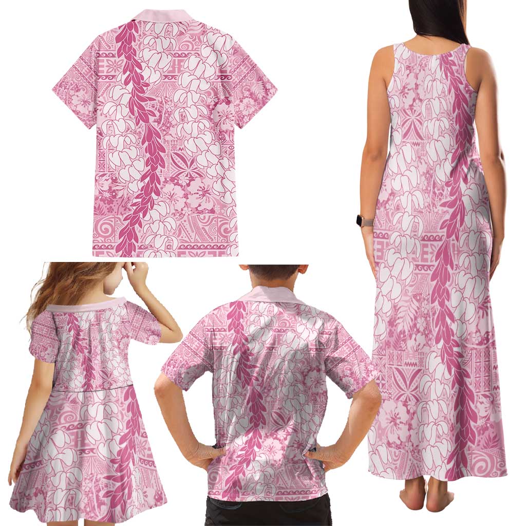 Pink Puakenikeni and Maile Lei Family Matching Tank Maxi Dress and Hawaiian Shirt Hawaiian Style Tribal Tapa Double Strand Lei