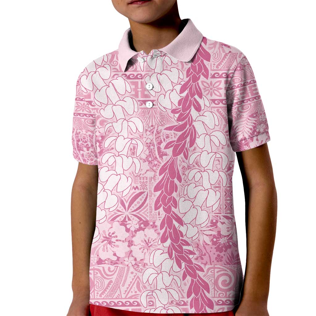 Pink Puakenikeni and Maile Lei Kid Polo Shirt Hawaiian Style Tribal Tapa Double Strand Lei