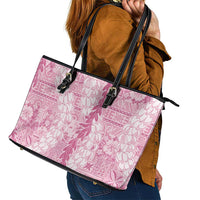 Pink Puakenikeni and Maile Lei Leather Tote Bag Hawaiian Style Tribal Tapa Double Strand Lei