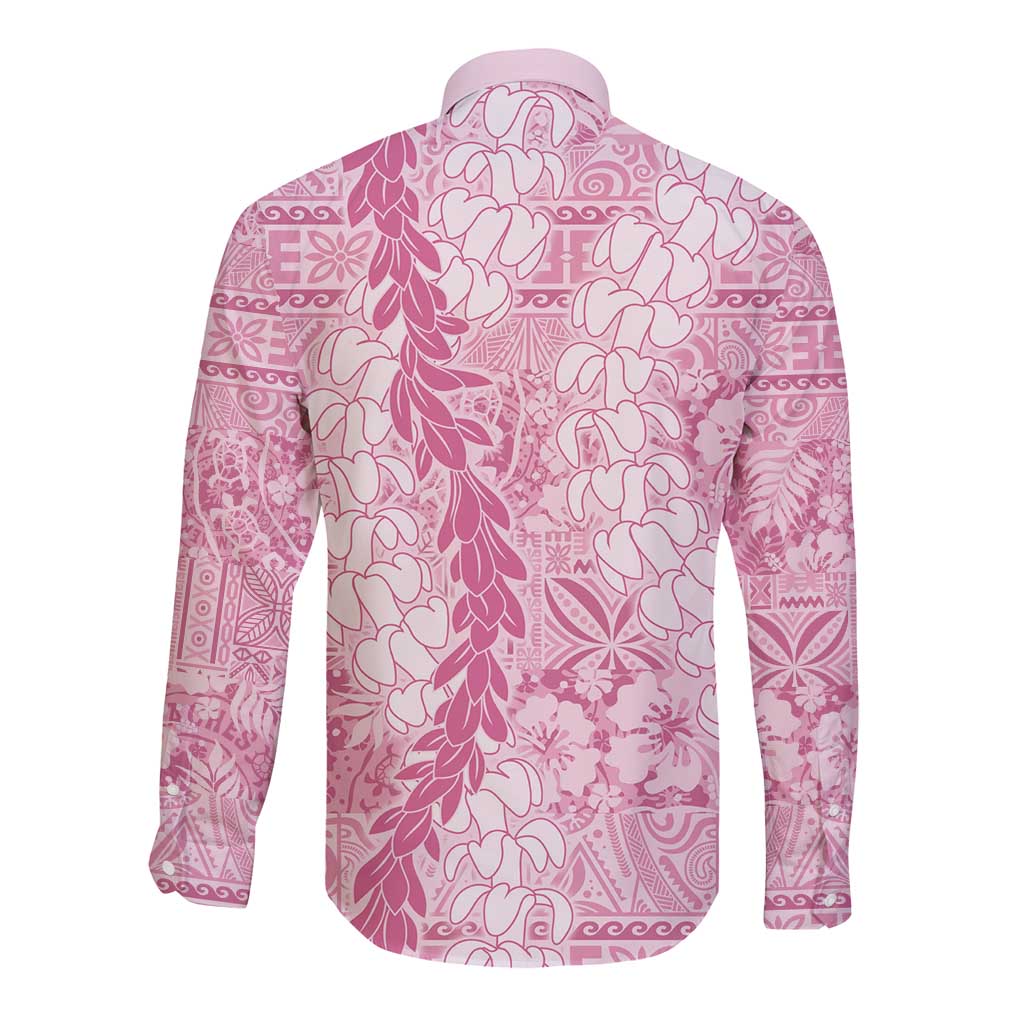Pink Puakenikeni and Maile Lei Long Sleeve Button Shirt Hawaiian Style Tribal Tapa Double Strand Lei