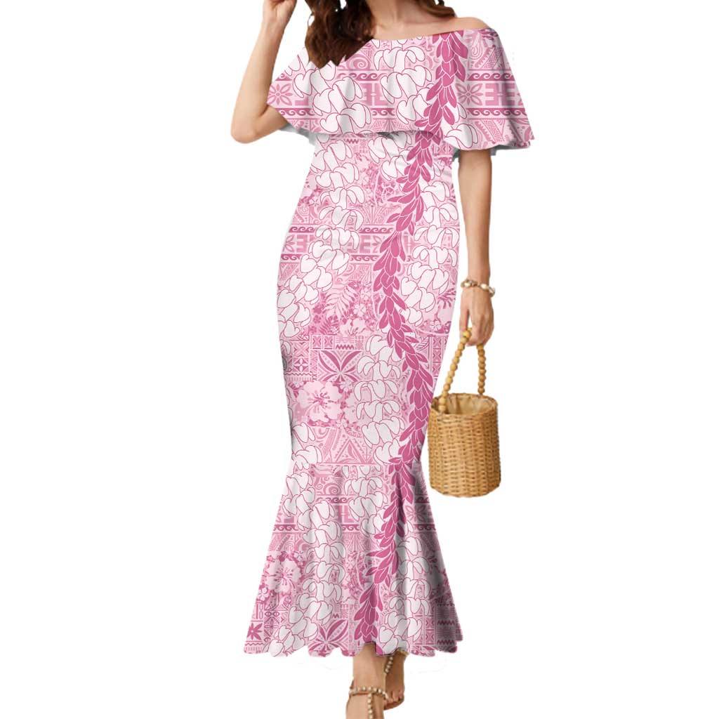 Pink Puakenikeni and Maile Lei Mermaid Dress Hawaiian Style Tribal Tapa Double Strand Lei