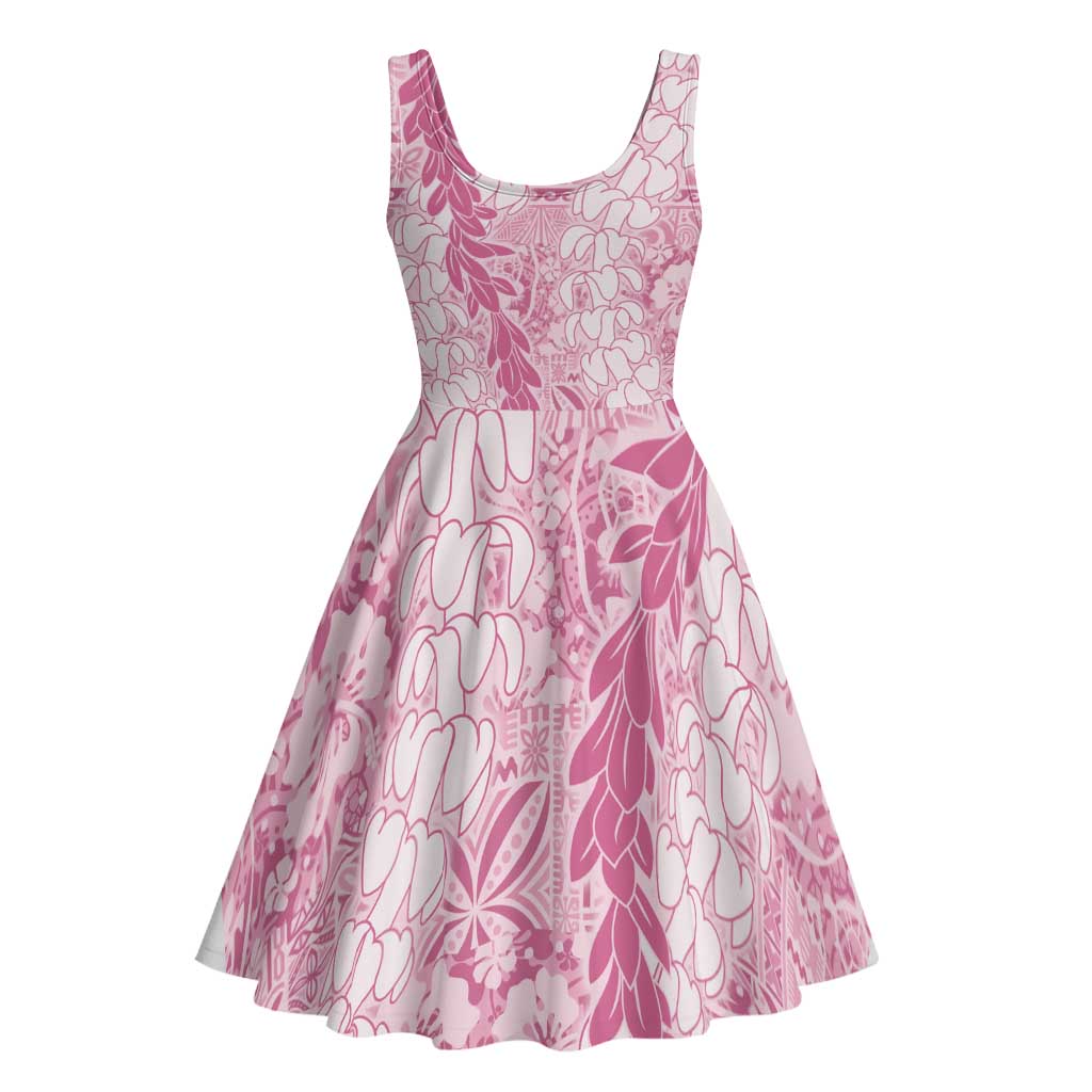 Pink Puakenikeni and Maile Lei Midi Dress Hawaiian Style Tribal Tapa Double Strand Lei - Polynesian Pride