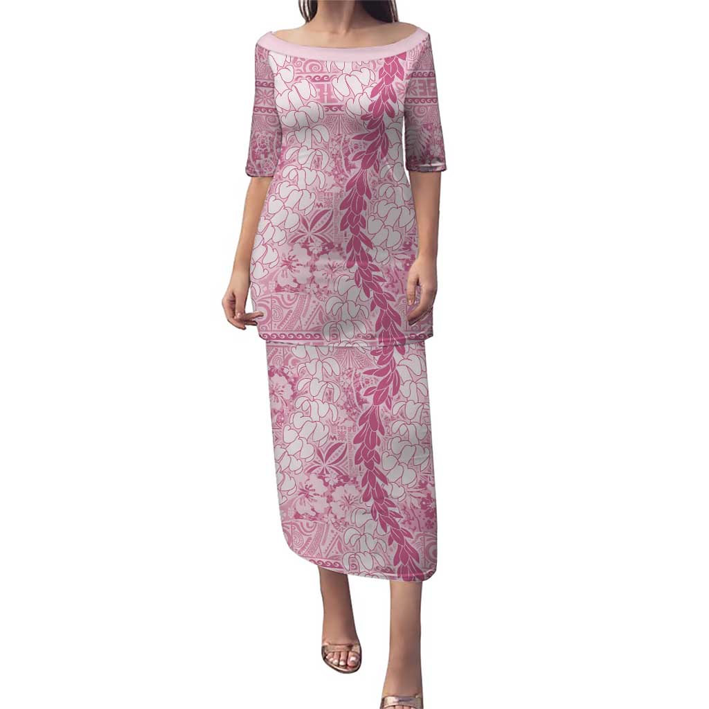 Pink Puakenikeni and Maile Lei Puletasi Hawaiian Style Tribal Tapa Double Strand Lei