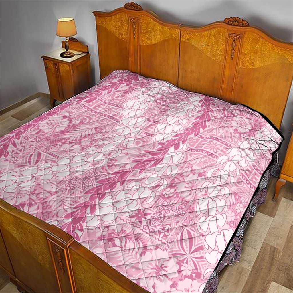 Pink Puakenikeni and Maile Lei Quilt Hawaiian Style Tribal Tapa Double Strand Lei