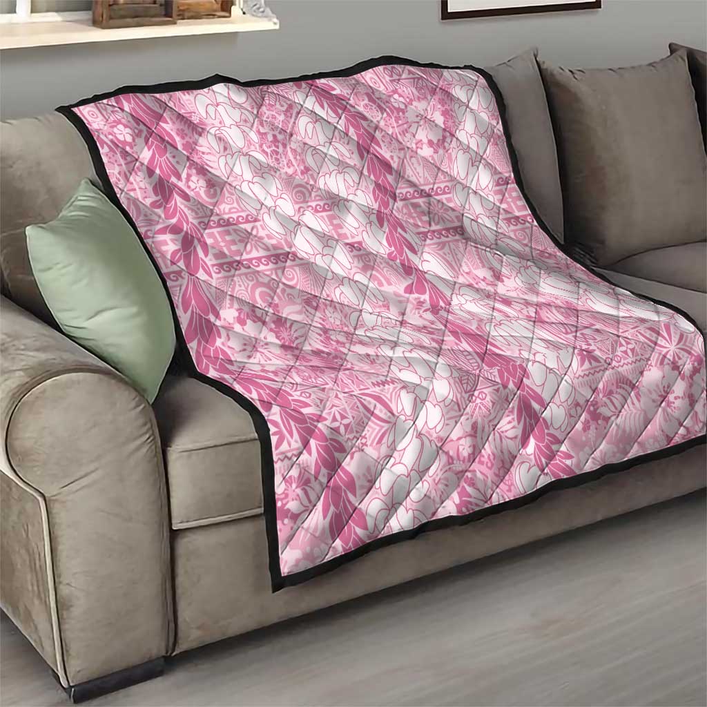 Pink Puakenikeni and Maile Lei Quilt Hawaiian Style Tribal Tapa Double Strand Lei