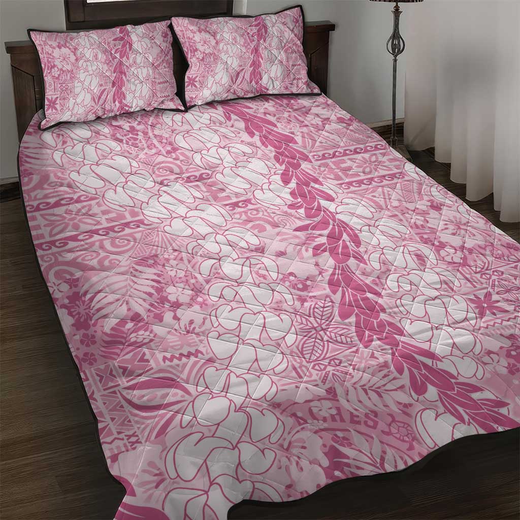 Pink Puakenikeni and Maile Lei Quilt Bed Set Hawaiian Style Tribal Tapa Double Strand Lei