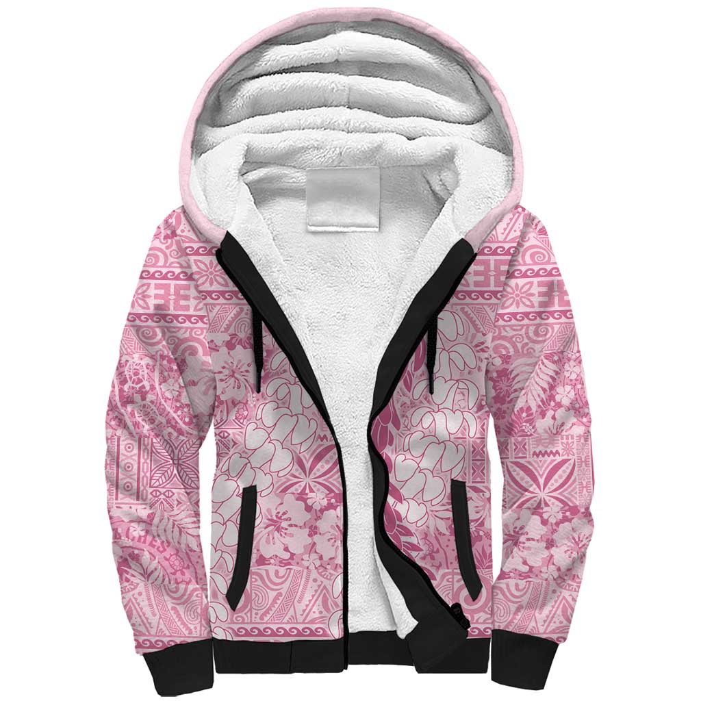 Pink Puakenikeni and Maile Lei Sherpa Hoodie Hawaiian Style Tribal Tapa Double Strand Lei