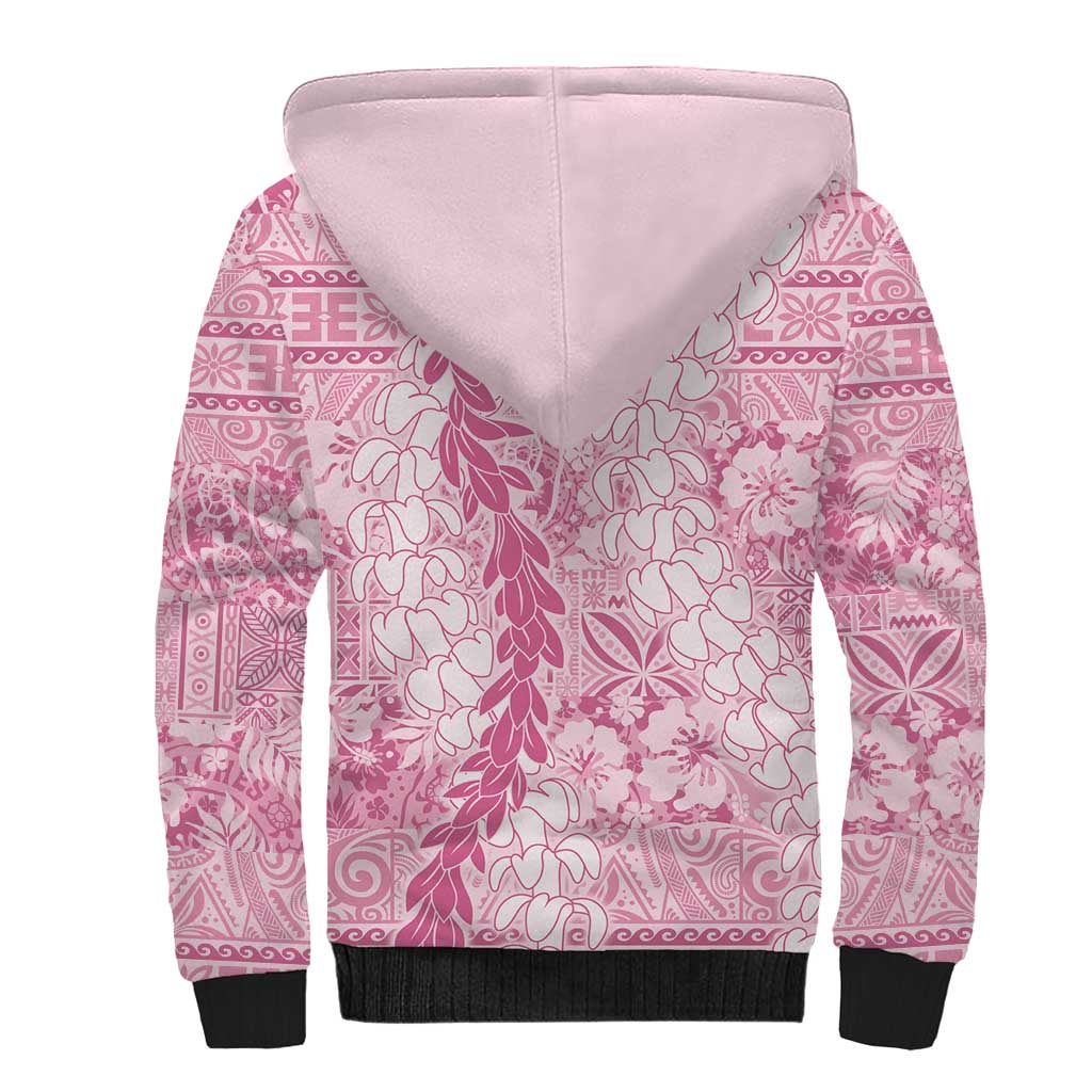 Pink Puakenikeni and Maile Lei Sherpa Hoodie Hawaiian Style Tribal Tapa Double Strand Lei