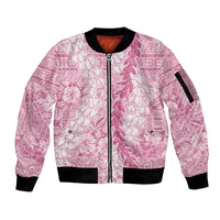 Pink Puakenikeni and Maile Lei Sleeve Zip Bomber Jacket Hawaiian Style Tribal Tapa Double Strand Lei