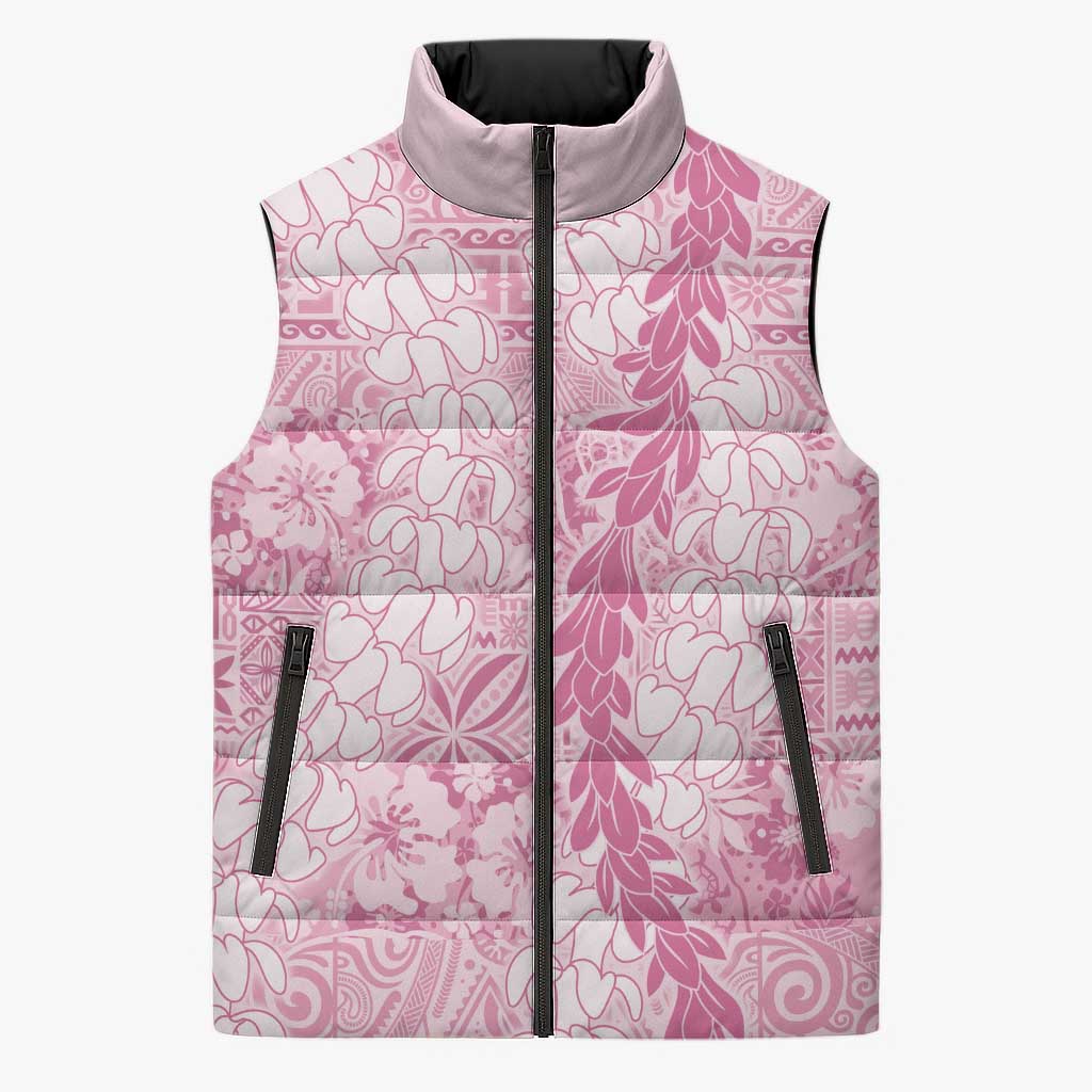 Pink Puakenikeni and Maile Lei Sleeveless Puffer Jacket Hawaiian Style Tribal Tapa Double Strand Lei - Polynesian Pride
