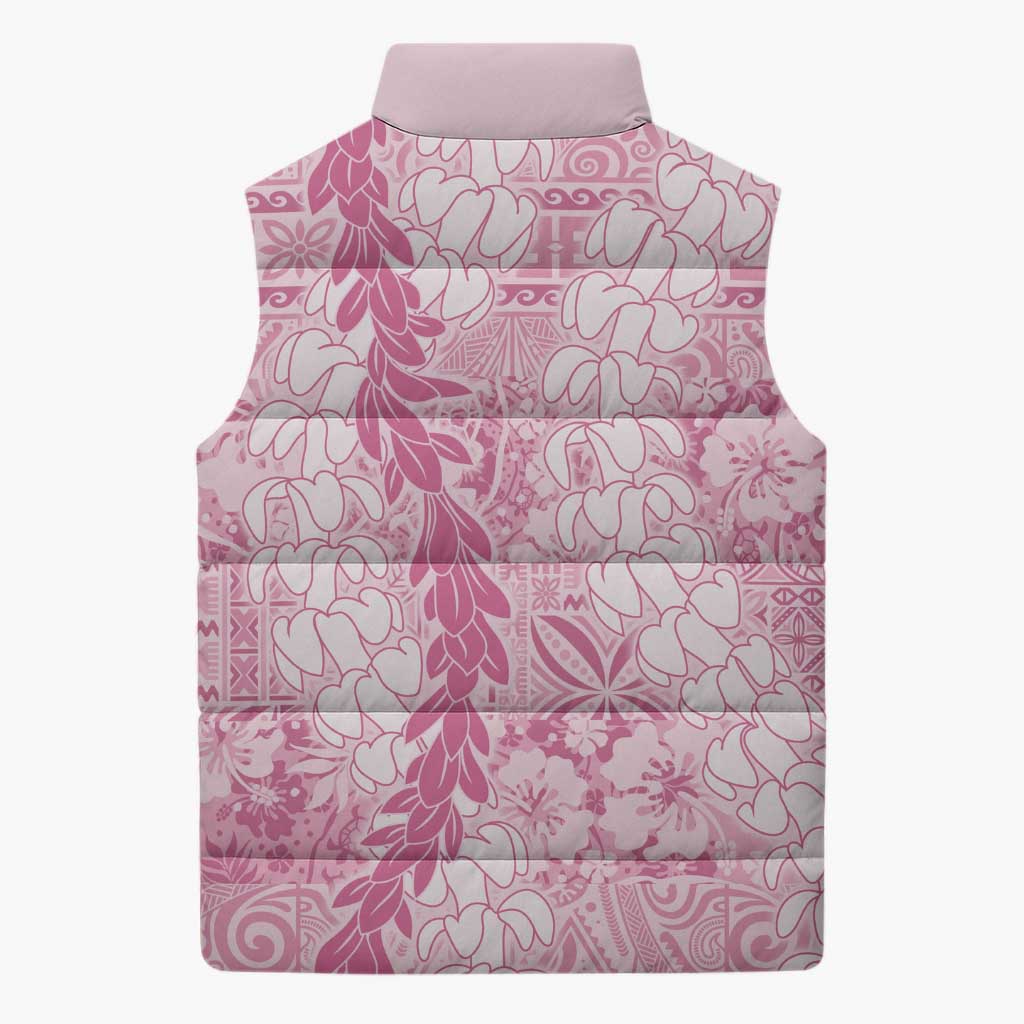 Pink Puakenikeni and Maile Lei Sleeveless Puffer Jacket Hawaiian Style Tribal Tapa Double Strand Lei - Polynesian Pride
