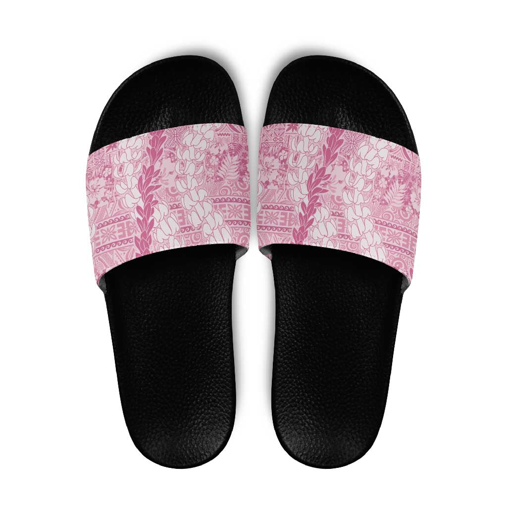 Pink Puakenikeni and Maile Lei Slide Sandals Hawaiian Style Tribal Tapa Double Strand Lei - Polynesian Pride