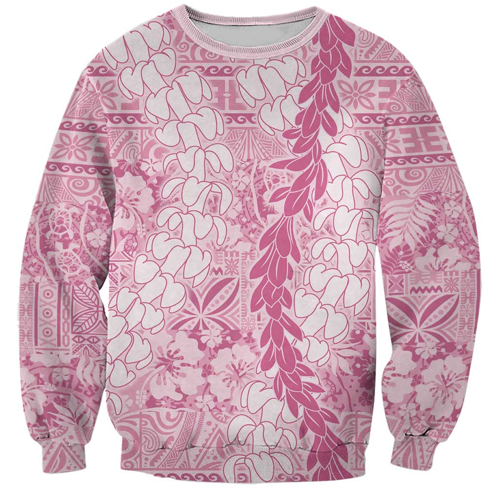 Pink Puakenikeni and Maile Lei Sweatshirt Hawaiian Style Tribal Tapa Double Strand Lei