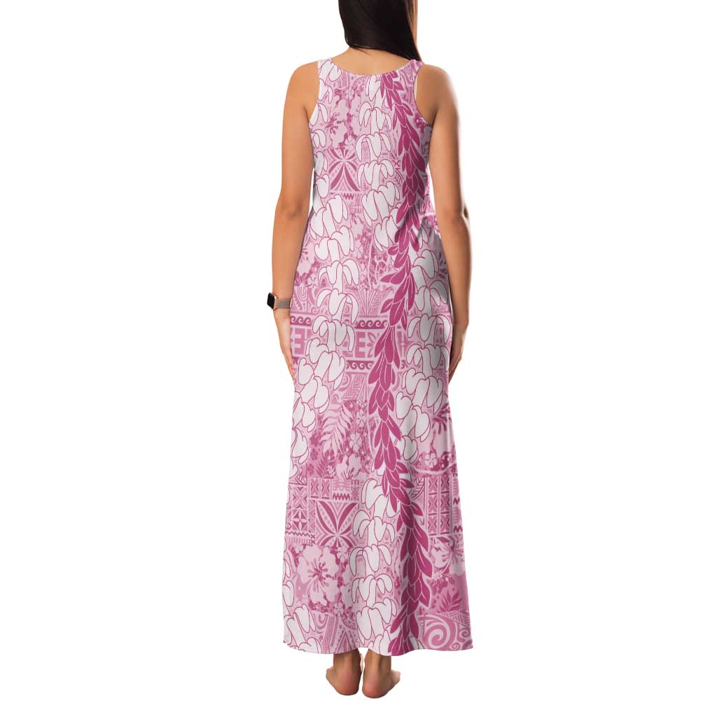 Pink Puakenikeni and Maile Lei Tank Maxi Dress Hawaiian Style Tribal Tapa Double Strand Lei