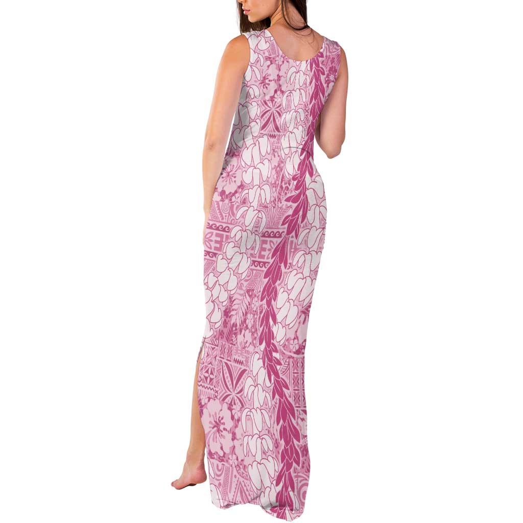 Pink Puakenikeni and Maile Lei Tank Maxi Dress Hawaiian Style Tribal Tapa Double Strand Lei