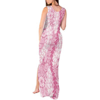 Pink Puakenikeni and Maile Lei Tank Maxi Dress Hawaiian Style Tribal Tapa Double Strand Lei