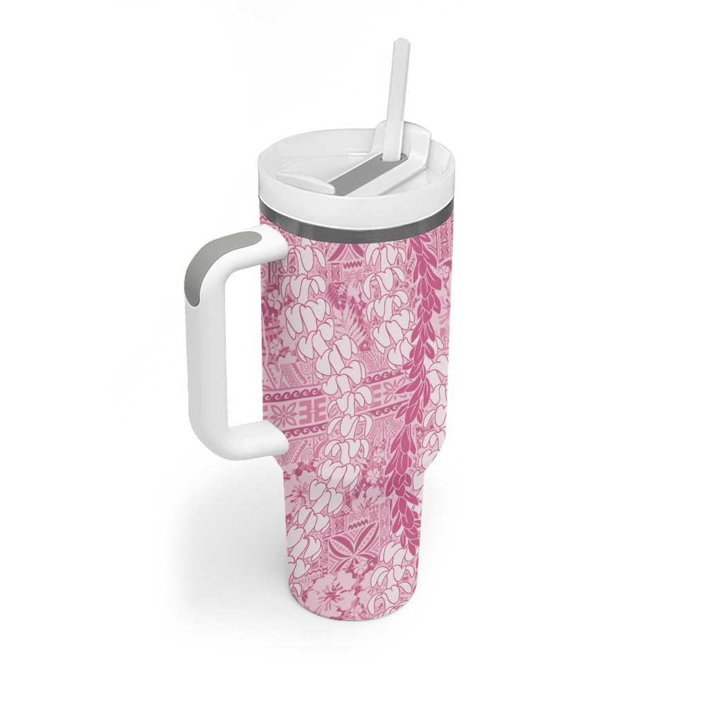 Pink Puakenikeni and Maile Lei Tumbler With Handle Hawaiian Style Tribal Tapa Double Strand Lei