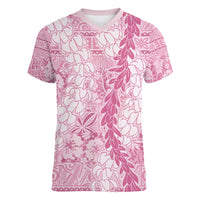Pink Puakenikeni and Maile Lei Women V-Neck T-Shirt Hawaiian Style Tribal Tapa Double Strand Lei
