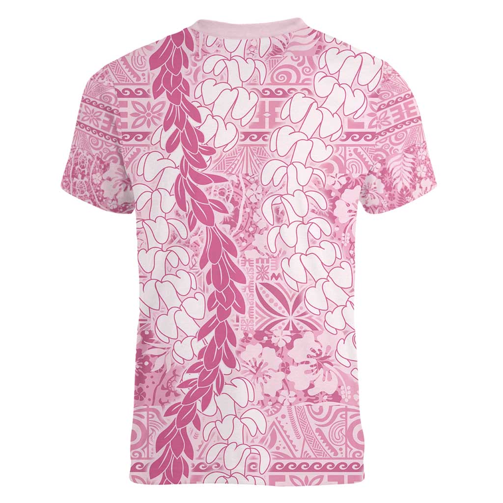 Pink Puakenikeni and Maile Lei Women V-Neck T-Shirt Hawaiian Style Tribal Tapa Double Strand Lei