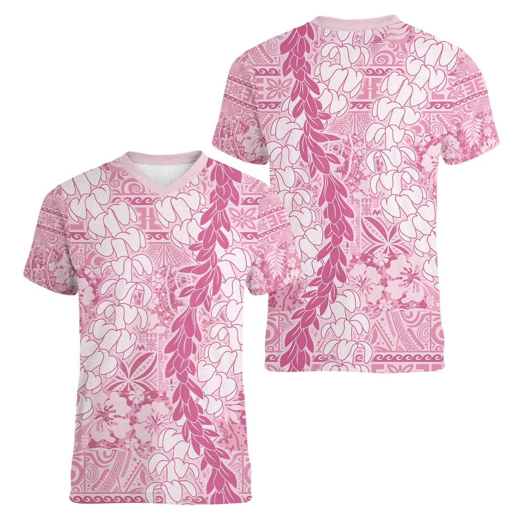 Pink Puakenikeni and Maile Lei Women V-Neck T-Shirt Hawaiian Style Tribal Tapa Double Strand Lei