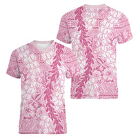 Pink Puakenikeni and Maile Lei Women V-Neck T-Shirt Hawaiian Style Tribal Tapa Double Strand Lei
