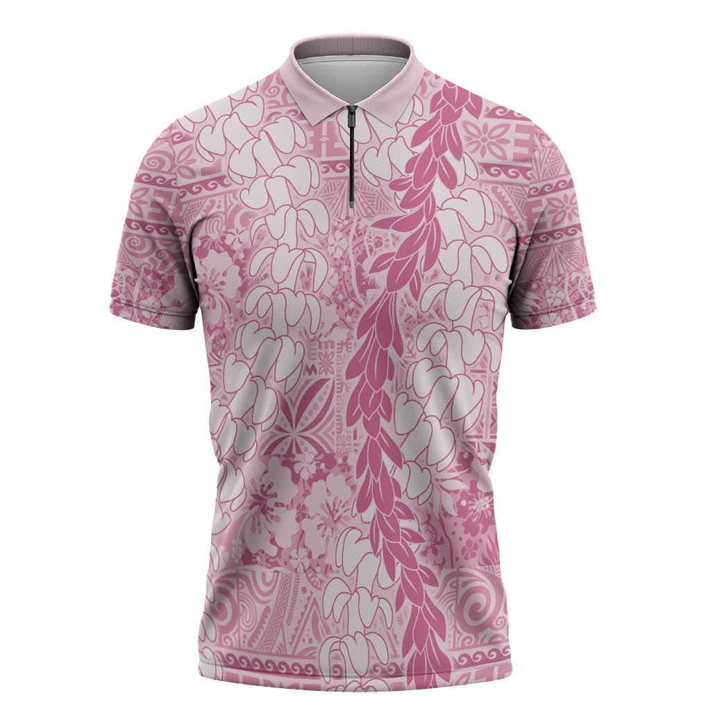 Pink Puakenikeni and Maile Lei Zipper Polo Shirt Hawaiian Style Tribal Tapa Double Strand Lei - Polynesian Pride