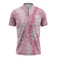 Pink Puakenikeni and Maile Lei Zipper Polo Shirt Hawaiian Style Tribal Tapa Double Strand Lei - Polynesian Pride
