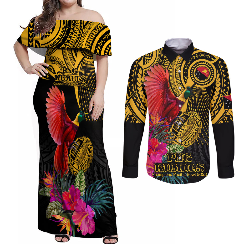 Personalised Papua New Guinea Rugby Couples Matching Off Shoulder Maxi Dress and Long Sleeve Button Shirt PNG Kumuls Champions Pacific Bowl LT9 Gold - Polynesian Pride