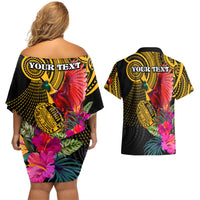 Personalised Papua New Guinea Rugby Couples Matching Off Shoulder Short Dress and Hawaiian Shirt PNG Kumuls Champions Pacific Bowl LT9 - Polynesian Pride