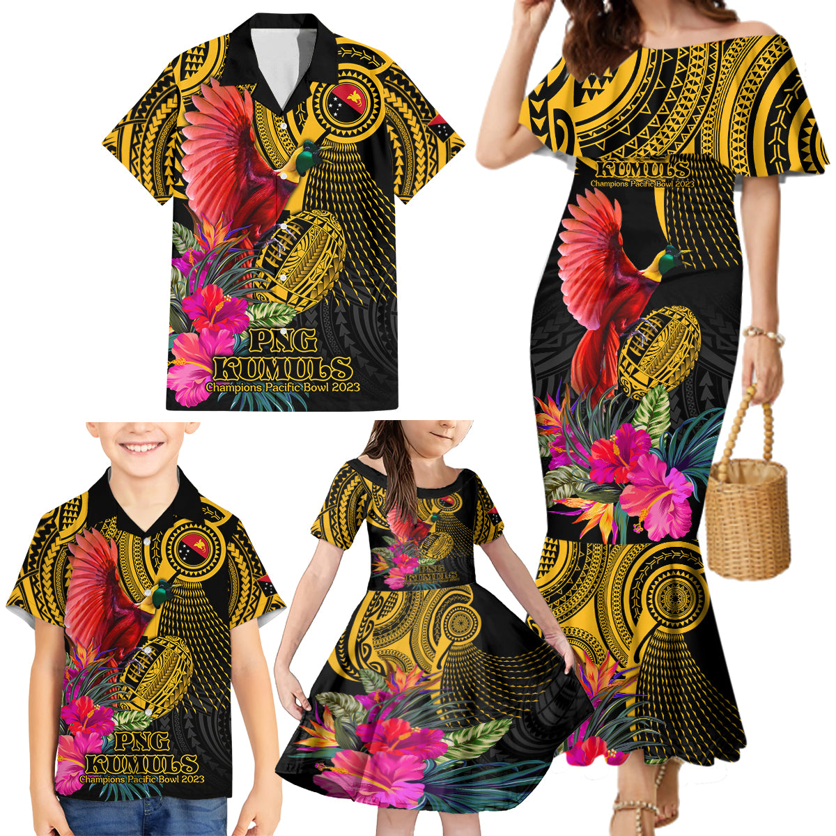 Personalised Papua New Guinea Rugby Family Matching Mermaid Dress and Hawaiian Shirt PNG Kumuls Champions Pacific Bowl LT9 - Polynesian Pride