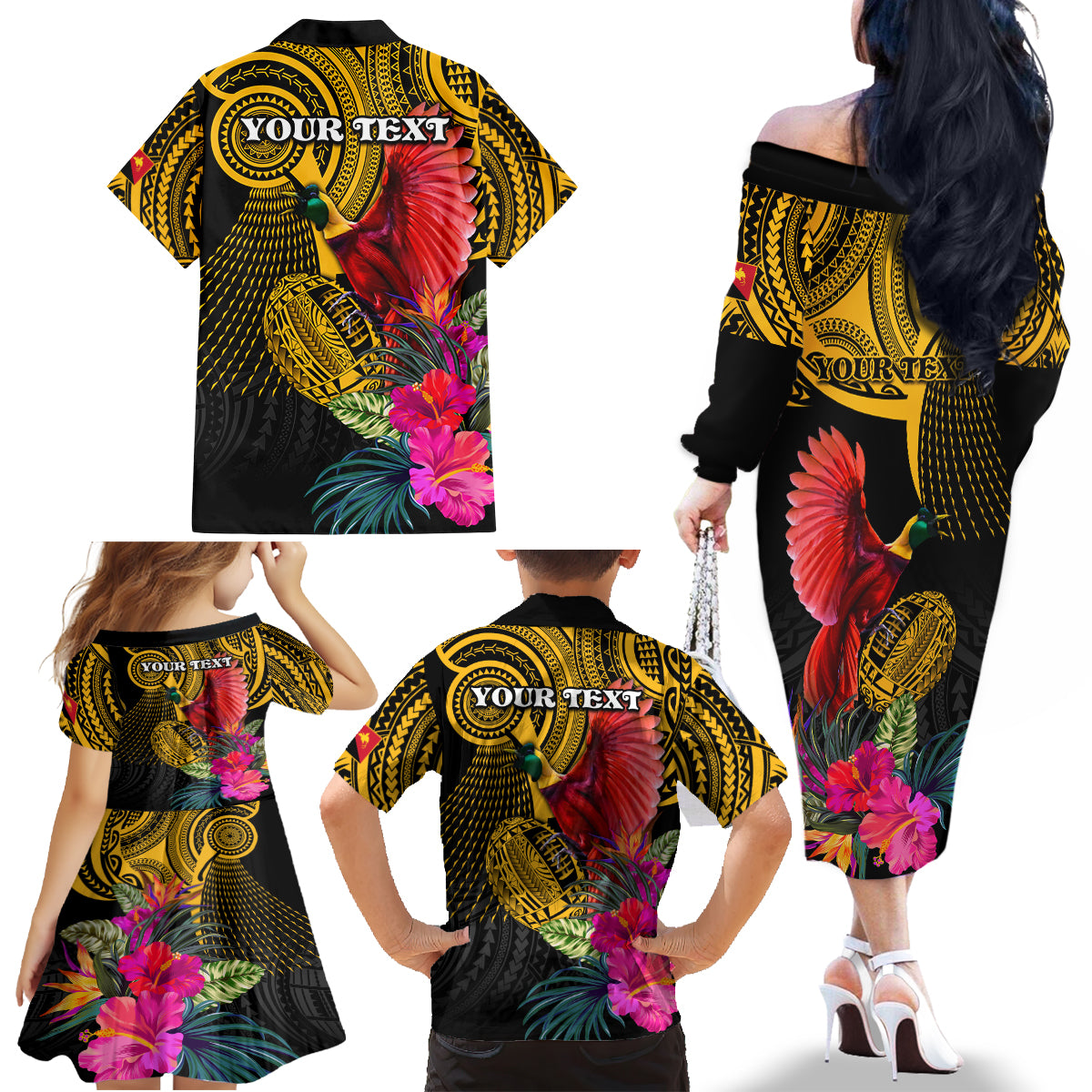 Personalised Papua New Guinea Rugby Family Matching Off Shoulder Long Sleeve Dress and Hawaiian Shirt PNG Kumuls Champions Pacific Bowl LT9 - Polynesian Pride